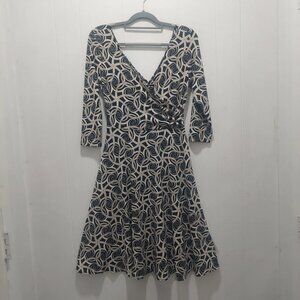 London Times Midi Dress Sz 10 V-Neck 3/4 Sleeve Black Tan Geometric Wrap Cinched